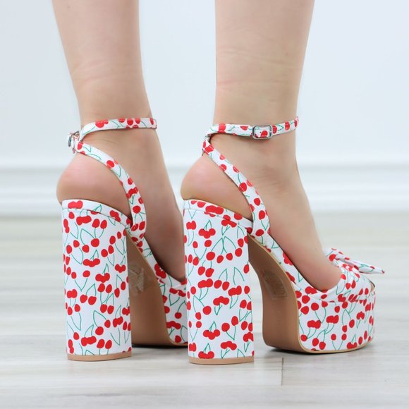 Rockabilly Cherry Print Platform High Heels Bow Strap - Picture 7 of 12